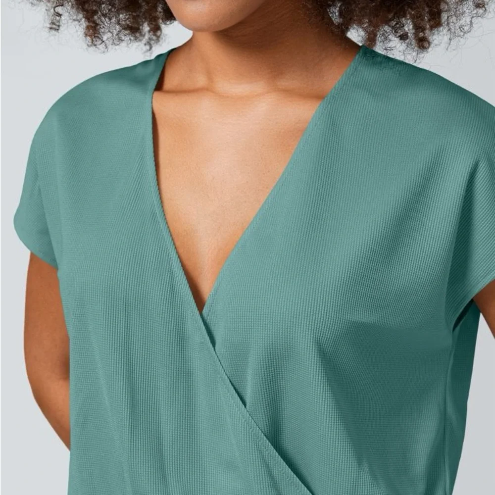 V Neck Short Sleeve Side Pocket Wide Leg Flowy Waffle Casual Jumpsuit Canton L - Picture 4 of 12